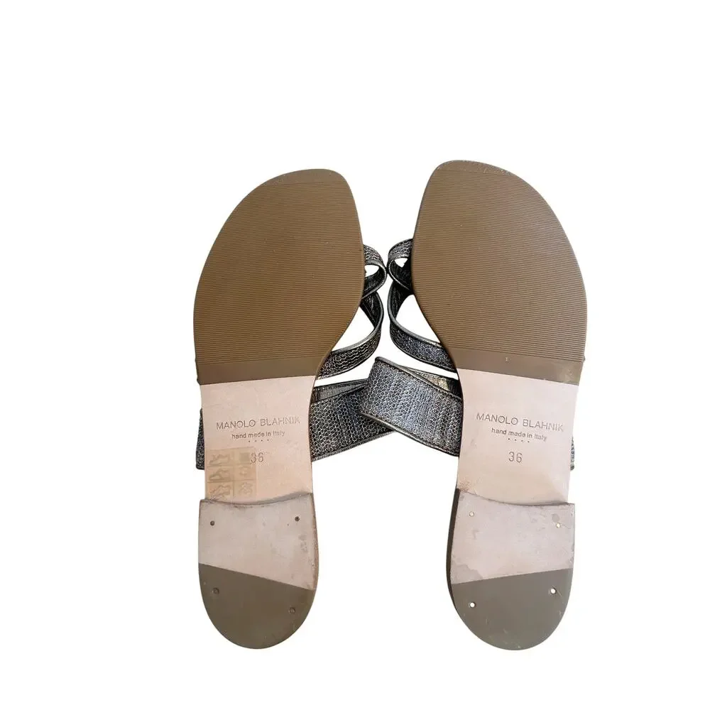 Manolo Blahnik Metallic Bronze Leather Mesh Toe Ring Flat Sandals Size 36